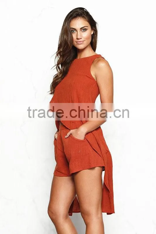 Cotton & Linen Fashionable High Low Crop Tops And Shorts Women Two Piece Sets