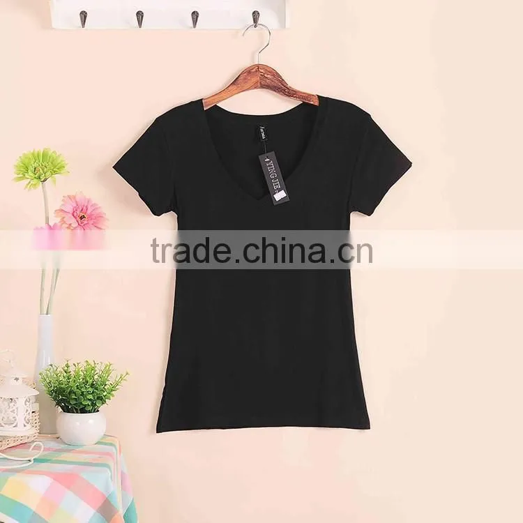 New Fashion Stretch Summer Women T Shirts Ms Solid Color Short Sleeve 100% Cotton v neck t shirt Women's Blank V-Veck T-Shirts