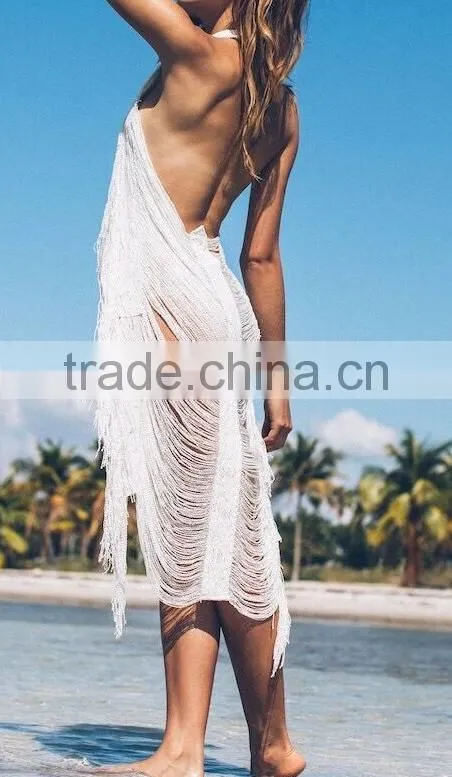 EY1921B Women's White Crocheted Long Cardigan Hollow Out Long Blouse Thin Coat for Beach Casual Wear