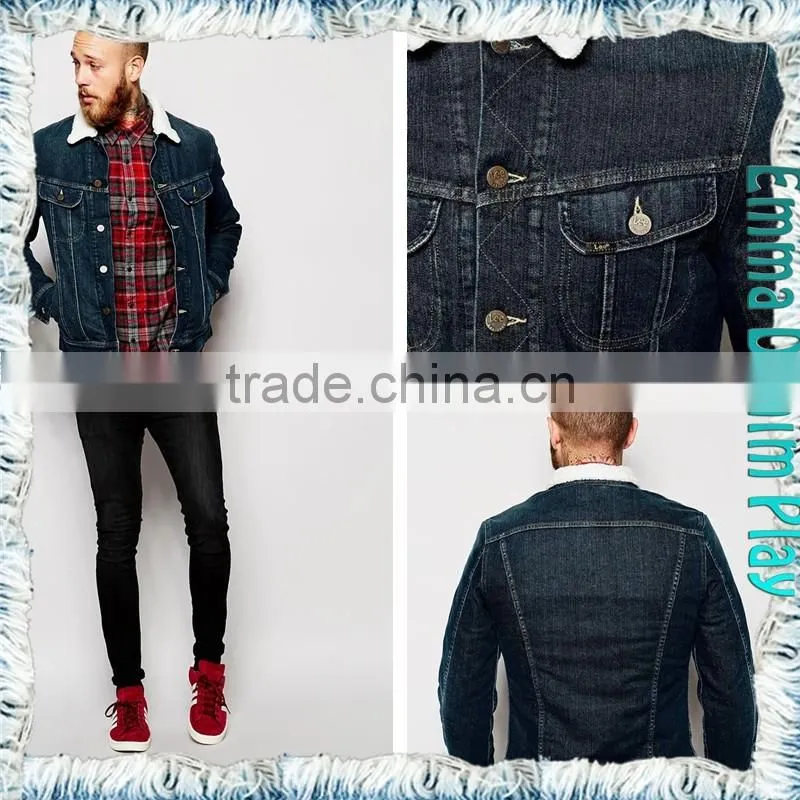 2016 Latest Model Mens Fashion Buttons Up Blue Fleece Lining Denim Jacket