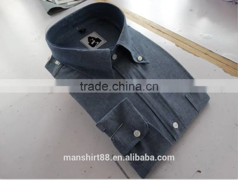 2016 100% cotton chambray fabric button down roll collar long sleeve washed denim dress shirt for men