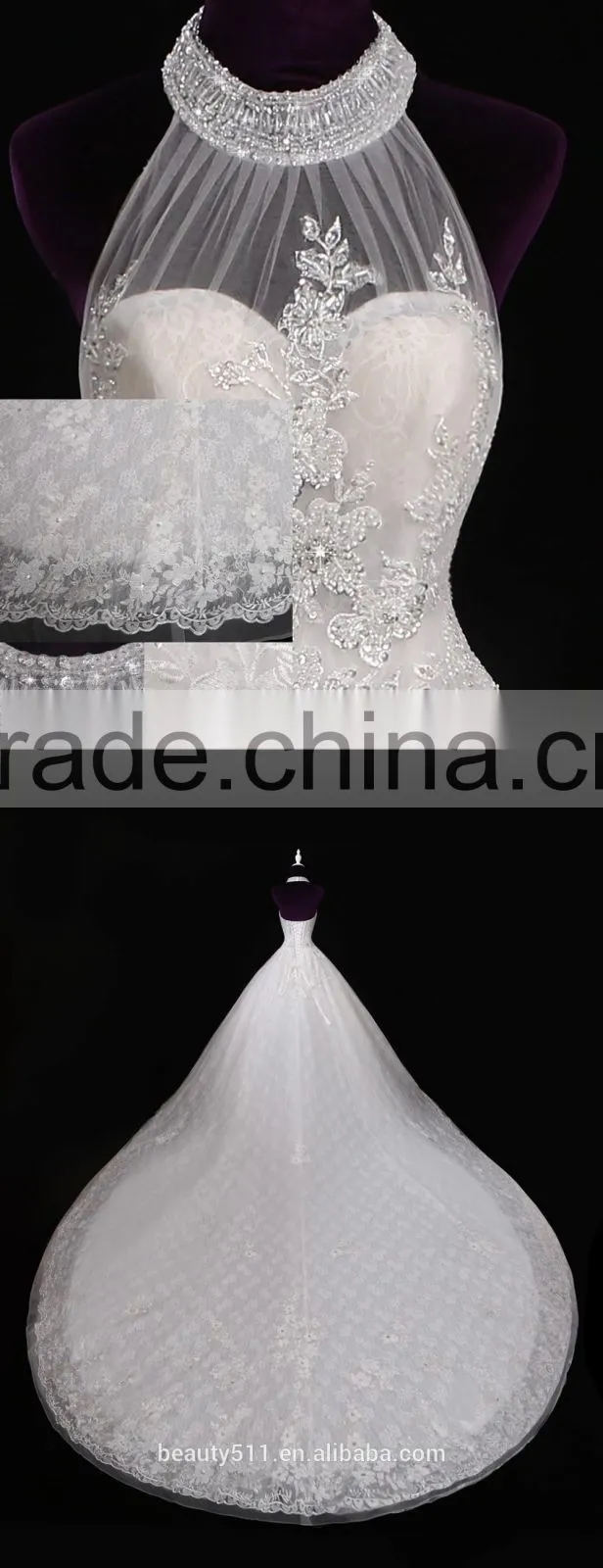 Latest Designs 2017 Elegant A-Line High Collar Cap Sleeve Floor-length Modest Beaded Lace Wedding Dress F13802