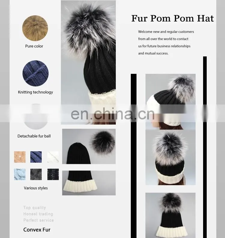 Women raccoon fur poms hat with large poms wholesale china knitting fur poms hat