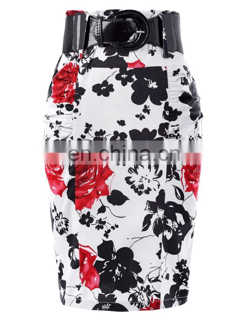 Kate Kasin Women's Shirred Detail Flower Pattern Cotton Pencil Skirt with Wide Belt KK000610-2