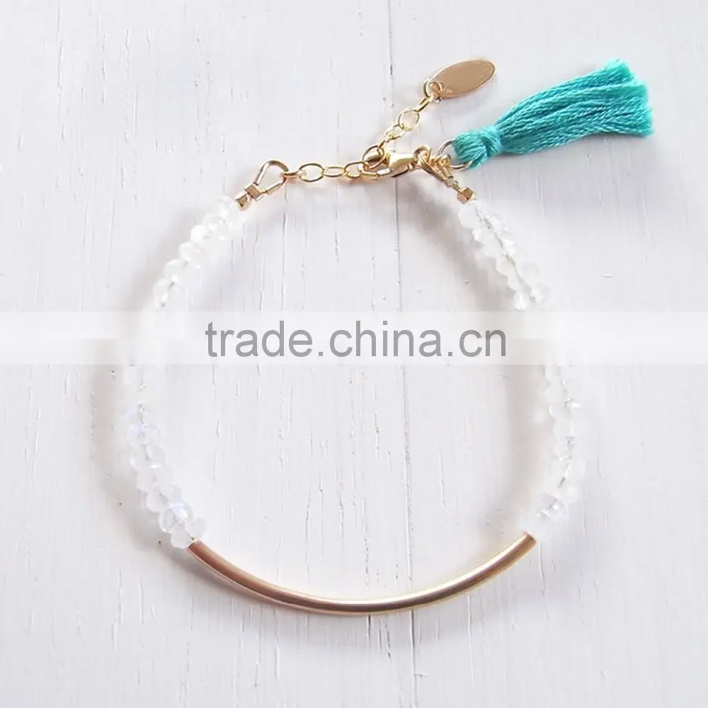 2015 Fashion new white crystal beads bracelet tassel charm bracelet with brass tube