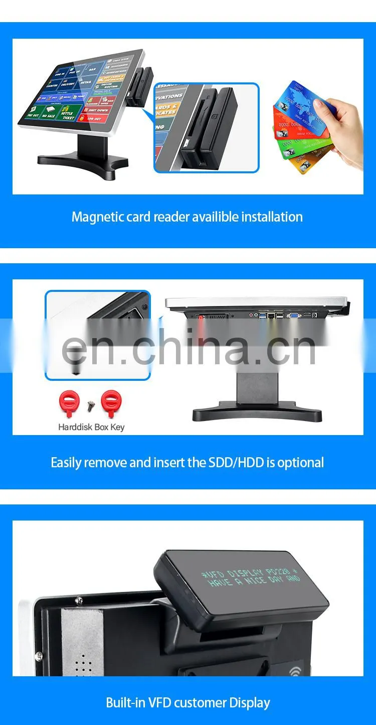 15" Touch Screen POS System Built-in VFD Customer Display Monitor WIFI Removable hard disk Magnetic Card Reader