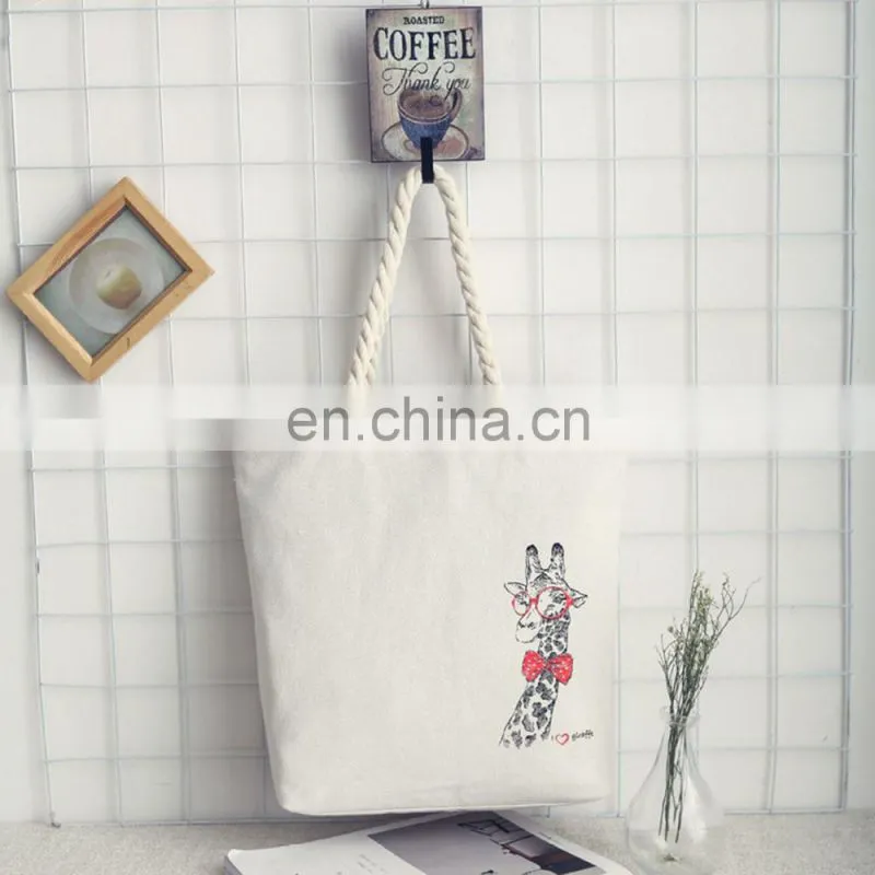 Shopping Cotton Canvas Women Animal Prints Tote Handbag with Zipper