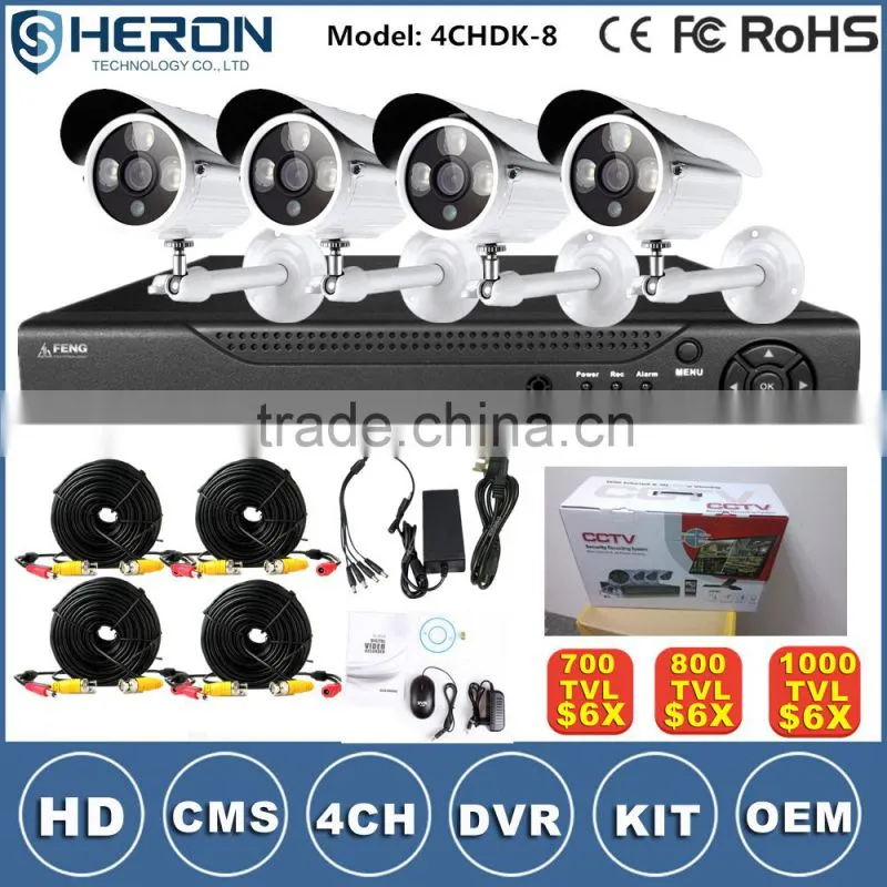 4/8/16ch HD 1000TVL H.264 P2P A key Internet DVR KITs security cctv camera system
