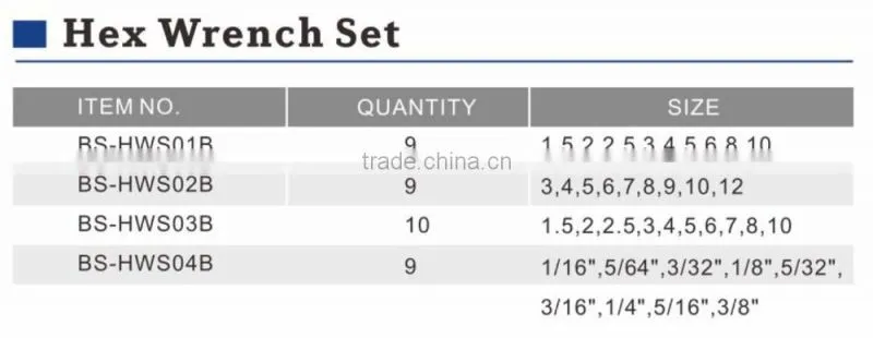 high quality 9pcs &10pcs flat head hex wrench set