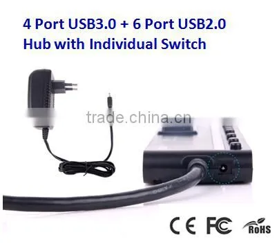 High Speed USB3.0 4 Port & USB2.0 6 Port Hub with Individual Switch