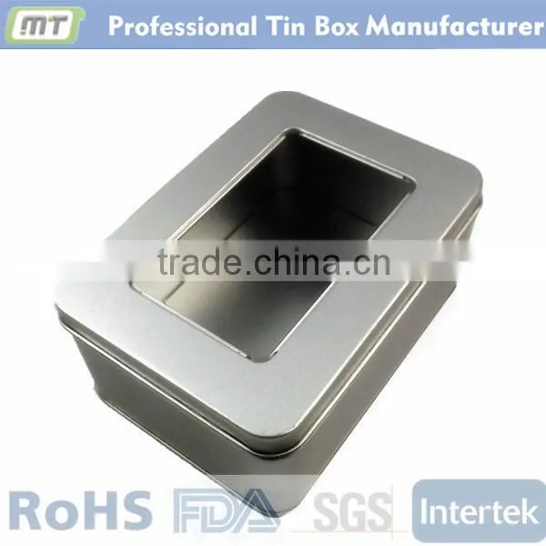 Big rectangular metal storage tin can with clear window