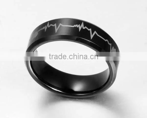 European laser men's black tungsten Rings electrocardiogram
