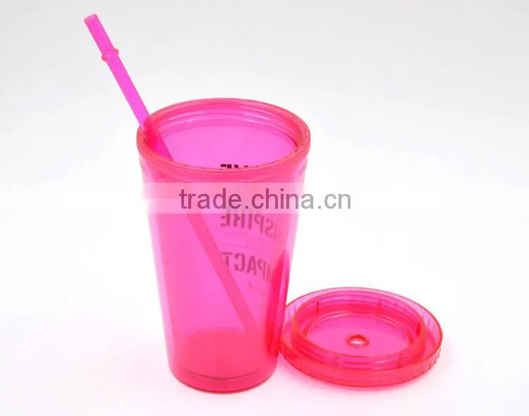 AS Material Double Wall 450ML BPA free Plastic Cup with Straw - Pink Color