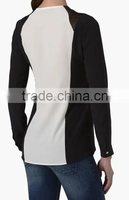 2015 women long sleeve color block shirt silk black&white