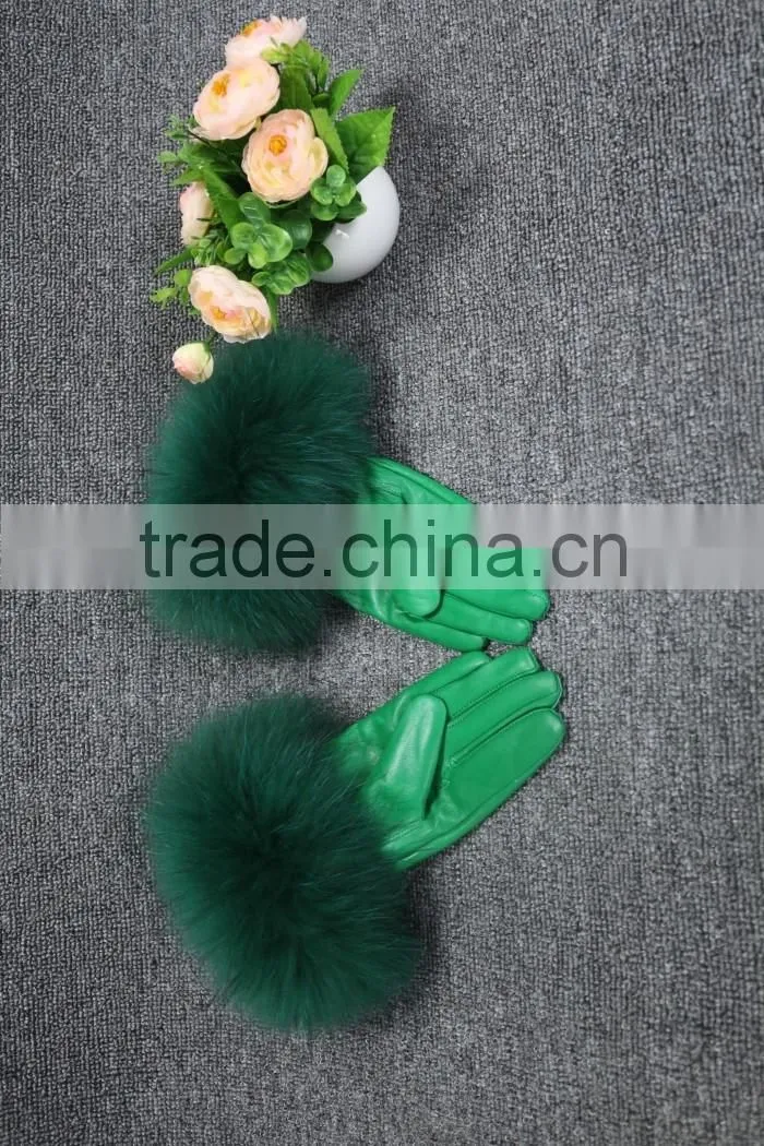 fashion sheep leather gloves women touchscreen raccoon fur cuff leather gloves