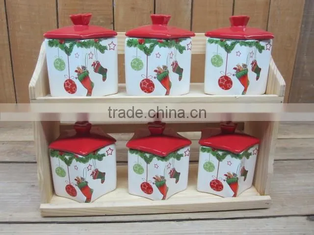 new christmas 6pcs ceramic spices canisters set with wood stand