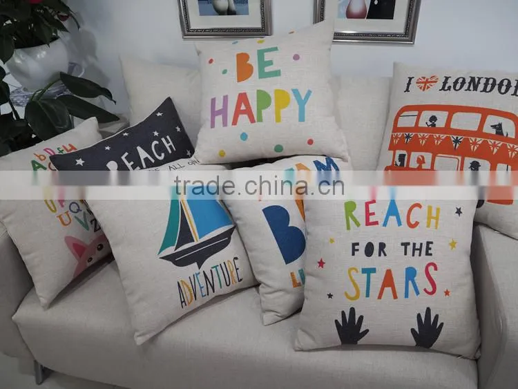 Custom cartoon design printed cushion cover 18inch square linen/cotton pillow case