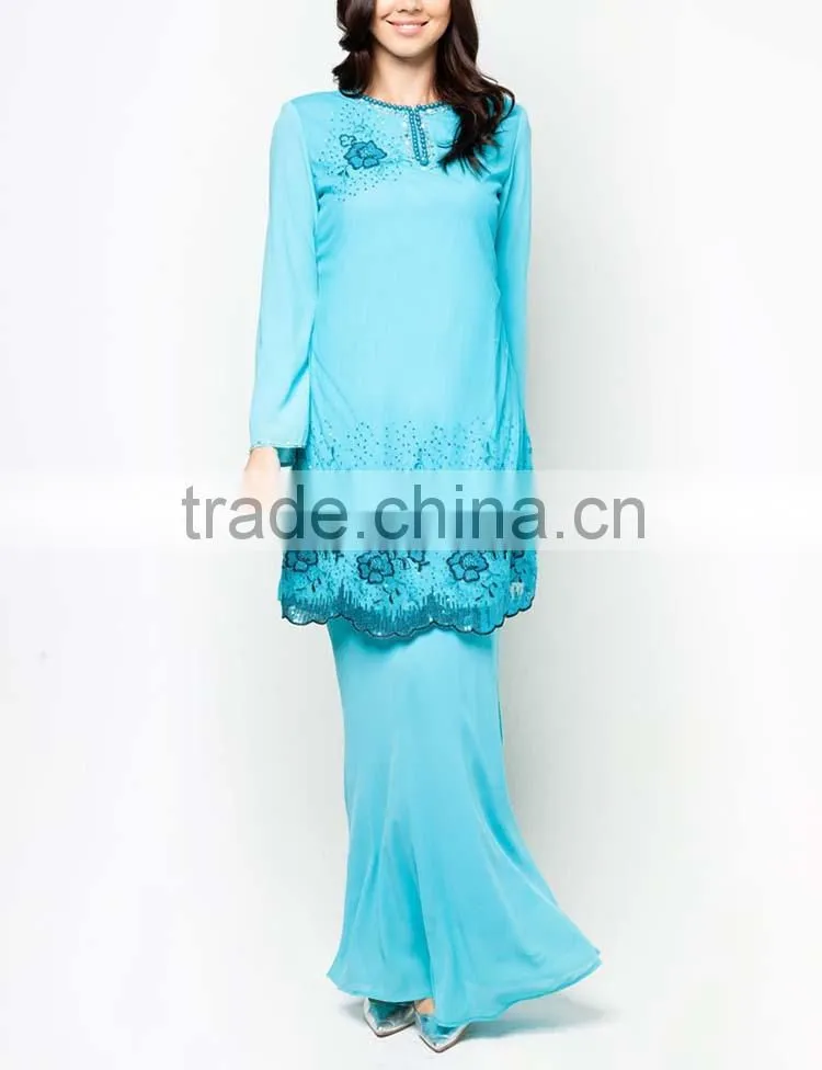 Blue beaded printed made in china long sleeve muslim dress