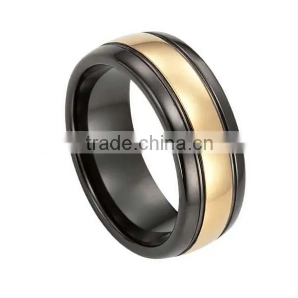Men's IP Black and 18K Gold Plated Tungsten Carbide Ring, 8MM Width Tungsten Carbide Ring with Grooves