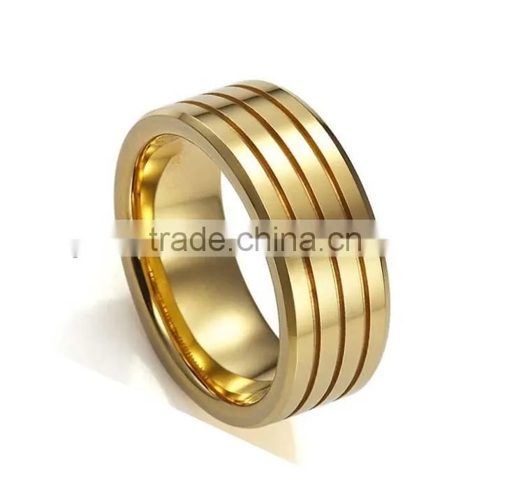 18K Gold Plated Tungsten Carbide Ring, Three Grooves Shining Tungsten Ring with Slopes