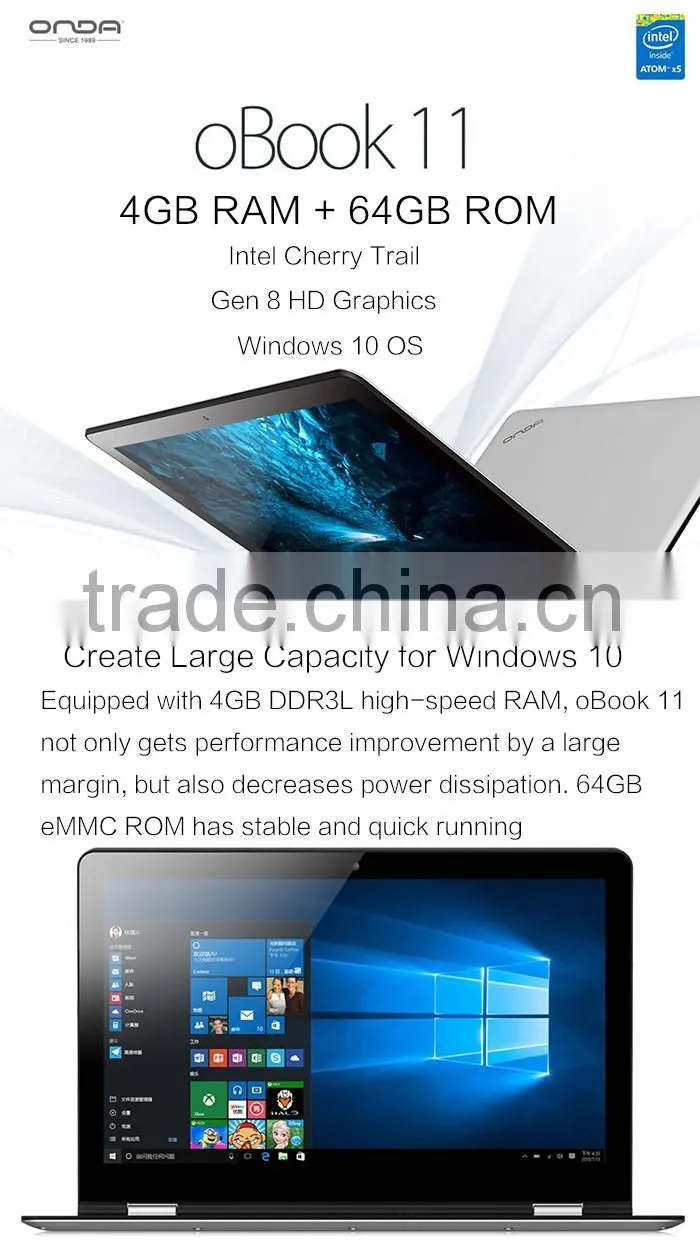 Onda oBOOK 11 Ultrabook Laptop 11.6 inch Win 10 + Android 5.0 Intel Cherry Trail Z8300 64bit Quad Core 1.44GHz 4GB RAM 64GB