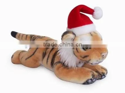 high quality factory wholesale realistic christmas plush cradle brown tiger with christmas cap