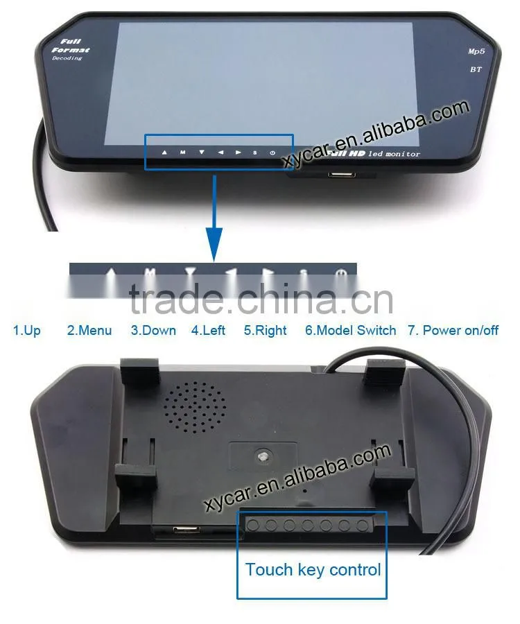 car lcd monitor with bluetooth,7 inch car rearview mirror monitor with DVD/TV/USB/SD/IR/FM XY-2058mp5+BT