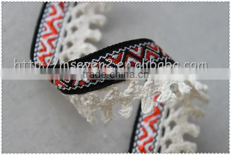 Hot selling elegant Jacquard cotton tassel trim, chemical cord trim with Jacquard fringe for clothes