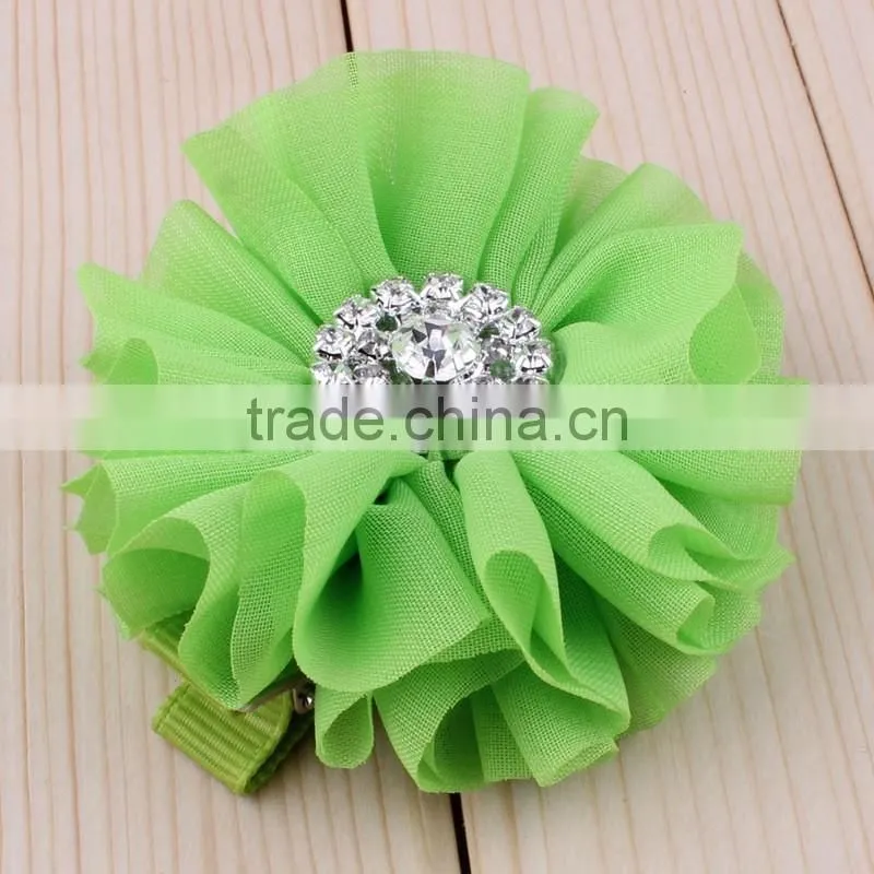 fabric chiffon flower clip with rhinestone center for kids hair accessories