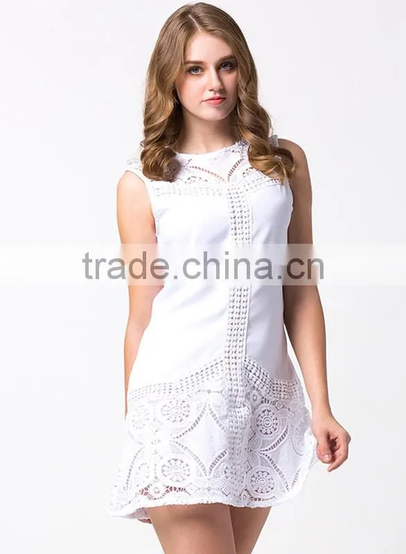 Fashion sleeveless short white summer women lace dress