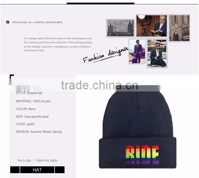 Navy stitching knitted custom acrylic beanie with logo embroidery