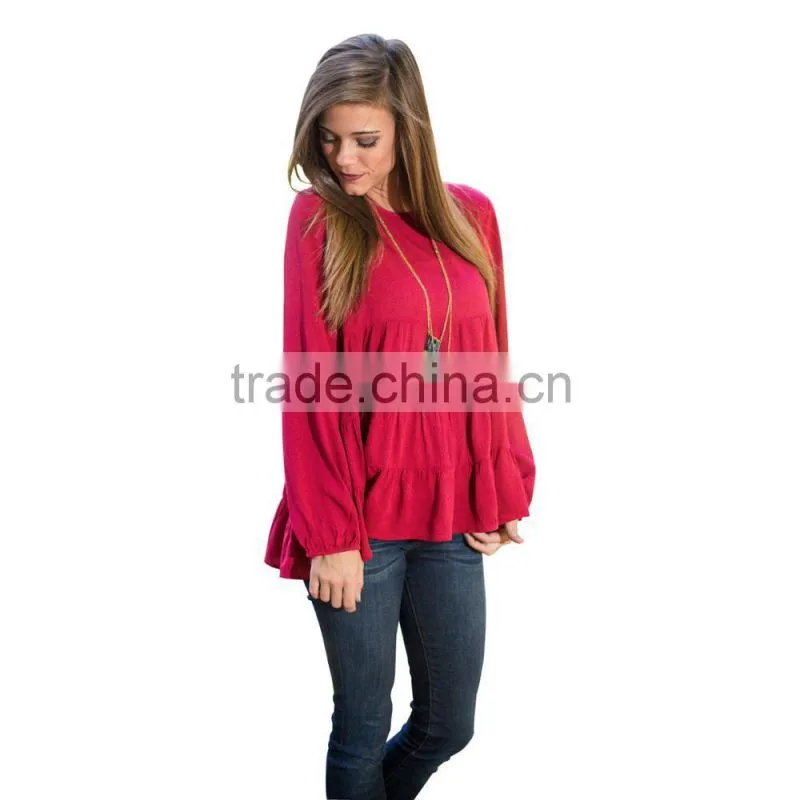 Red shirts wholesale women blouse 2017 new designs long sleeve blouse