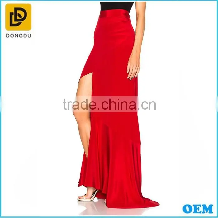 2016 High quality Hot sexy silk stain red long slipt skirt