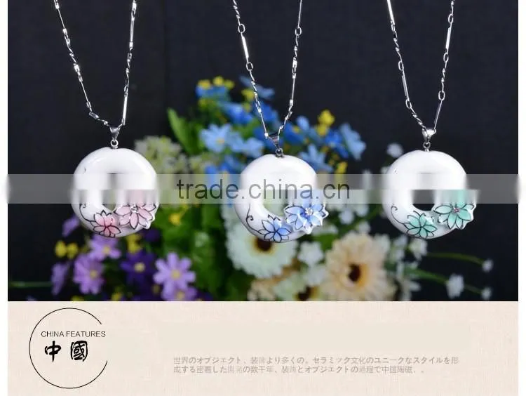 Czech diamond paved enamel famille rose porcelain glazed pendant necklace