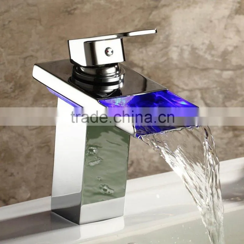 Contemporary Solid Brass Single Handle Led Widespread Waterfall Bathroom Sink Faucet Chrome Finish Single Hole One Handle Widesp
