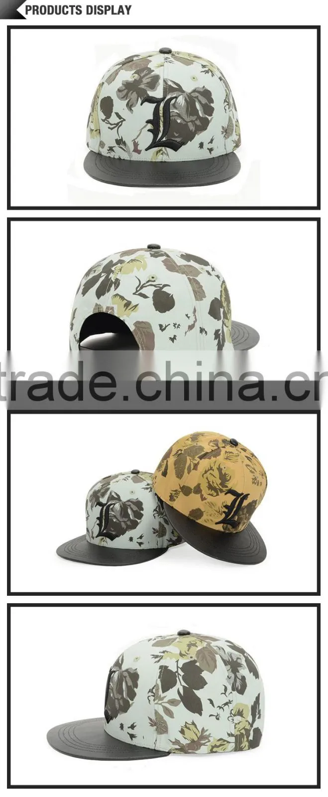 Fashion fancy custom constructed female floweral print trucker hat no mesh with flat leather brim