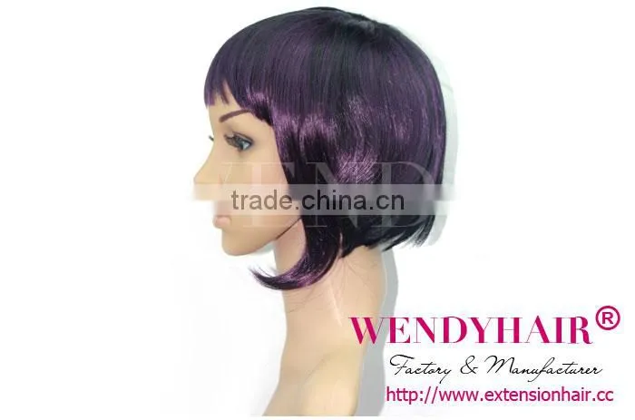 Factory Wholesale MOQ 1 PC one purple streak in black hair short wigs with bangs synthetic wig