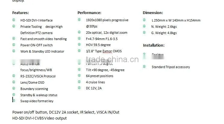 SVC-HD8820-DSY-SN7310 20x Optical Zoom HD-SDI DVI-I Output 1080p@60fps HOV 59.5 degree video conference system camera