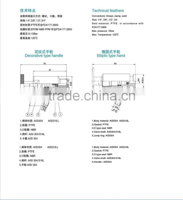 NPT/BSP male end Stainless steel sanitary sampling valve