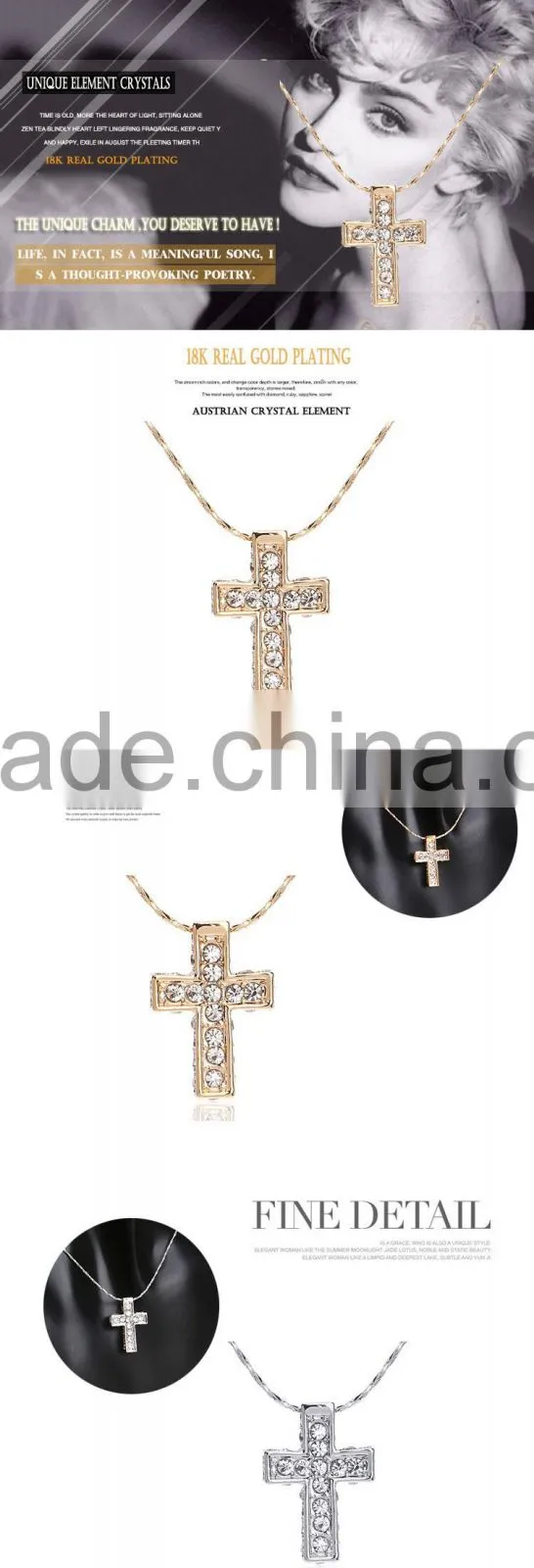jewelry crystal 18k gold cross pendant necklace