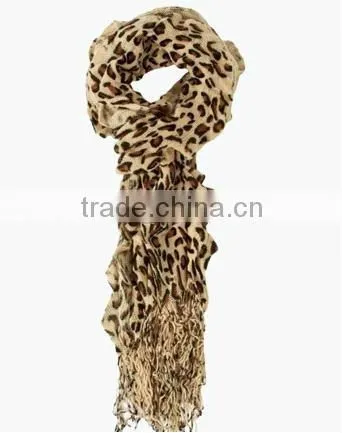 Chic Ruffled Tan Leopard Print Fringe Scarf