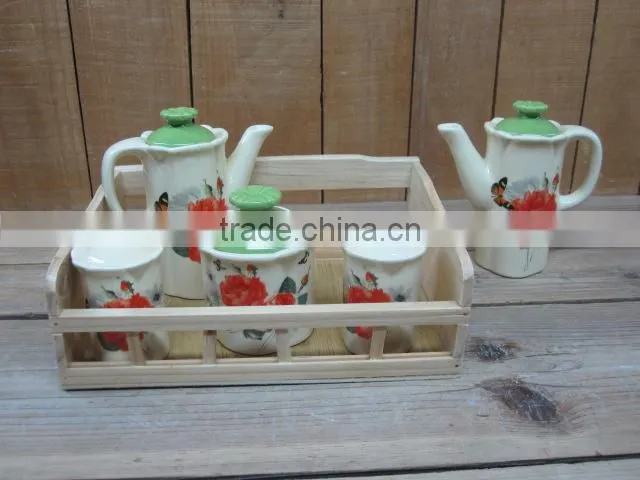Ceramic Coffee/ Tea Mugs Set with Sugar Pot in Round Tray