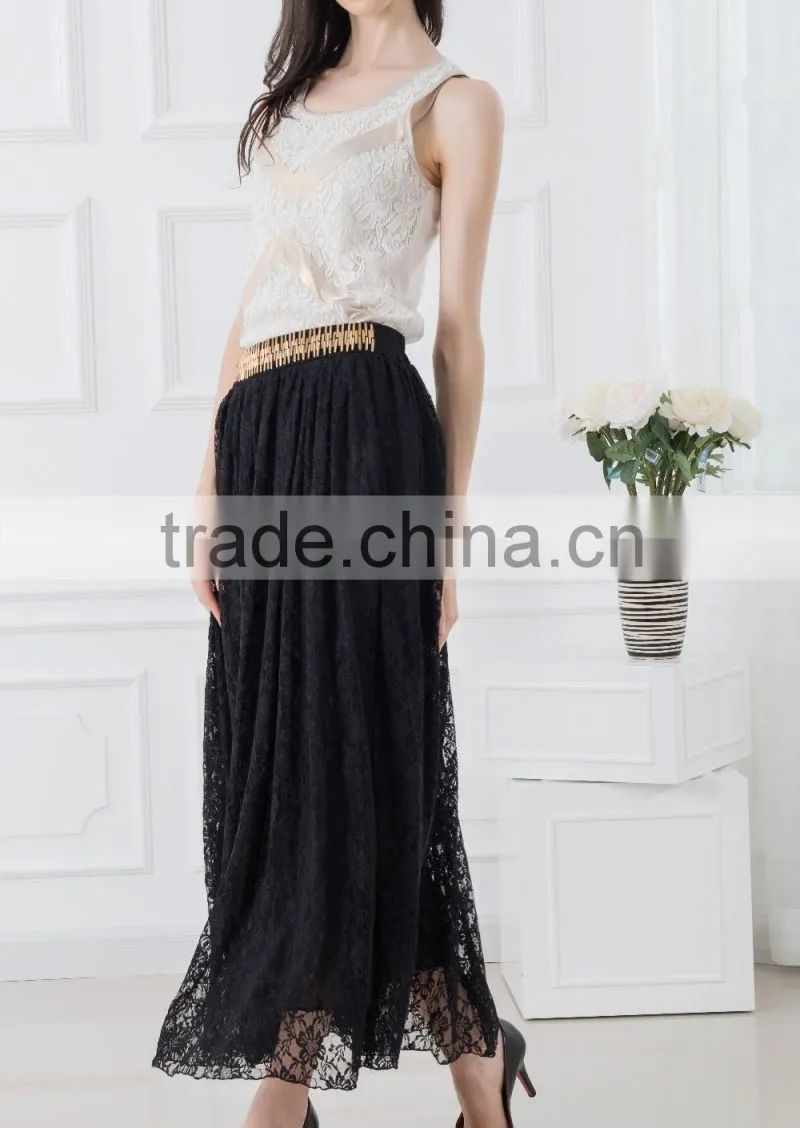 OEM Cheap price metalic lace suits designs tank tops with lace maxi skirt black woman casual wear