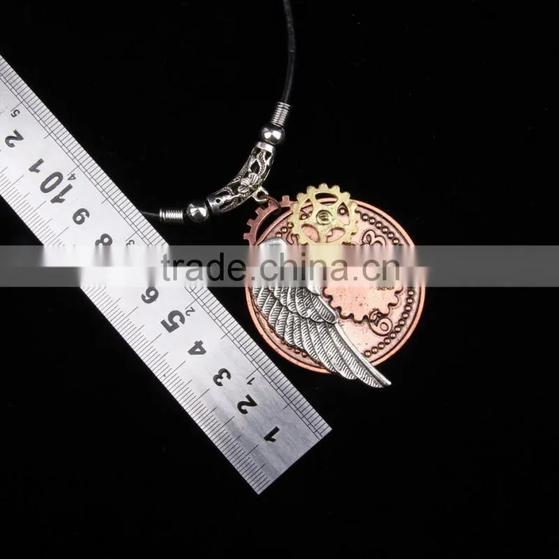 2015 yiwu fashion imitation jewelry hot sale steampunk gear wings pendant with imitation crystal cameobig statement necklace
