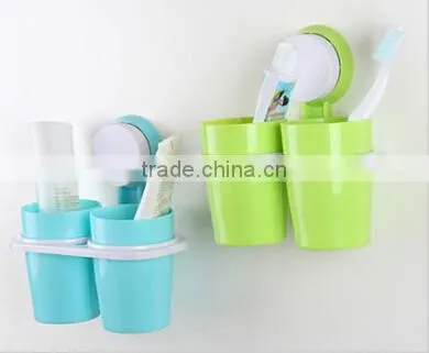 Sucker Hanging Plastic Two Cup Toothbrush Holder