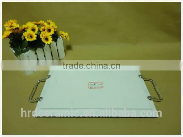 Hotel stock ceramic oval plate with two handles
