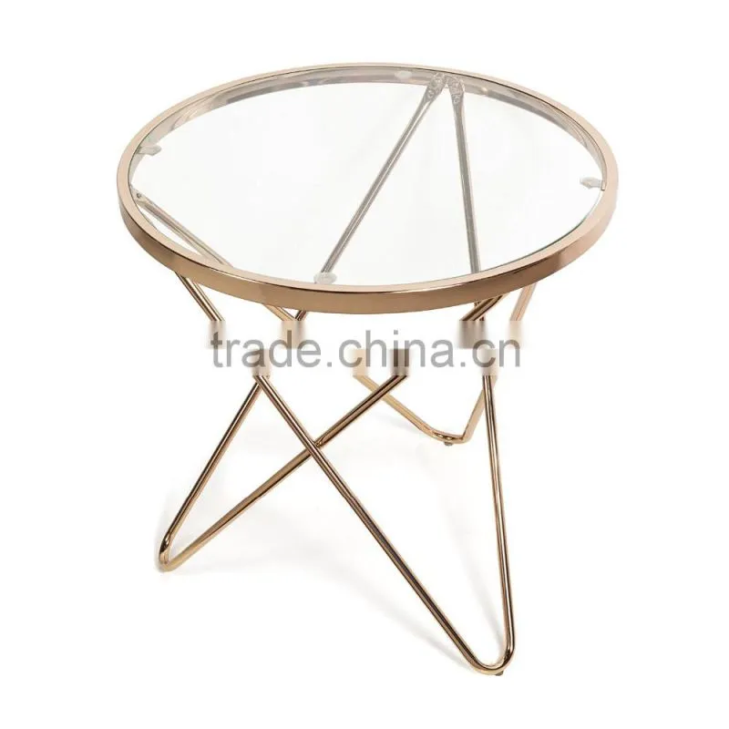 Rose gold Metal stainless steel Frame with Glass-top Round End Table
