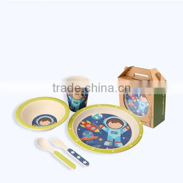 Kids Dinnerware 5pcs Bamboo Fiber Baby Feeding Tableware Set, Bamboo Plate Set For Kids