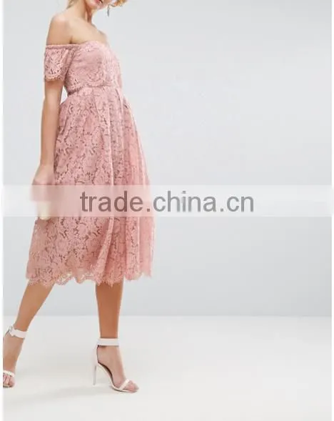 Guangzhou Clothing OEM Pink Undertone Cold Shoulder Lace Prom Dresses