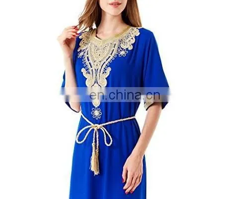 Embroidery gown with belts rayon soft and comfortable plain Abaya Muslim dresses(Mu052001)